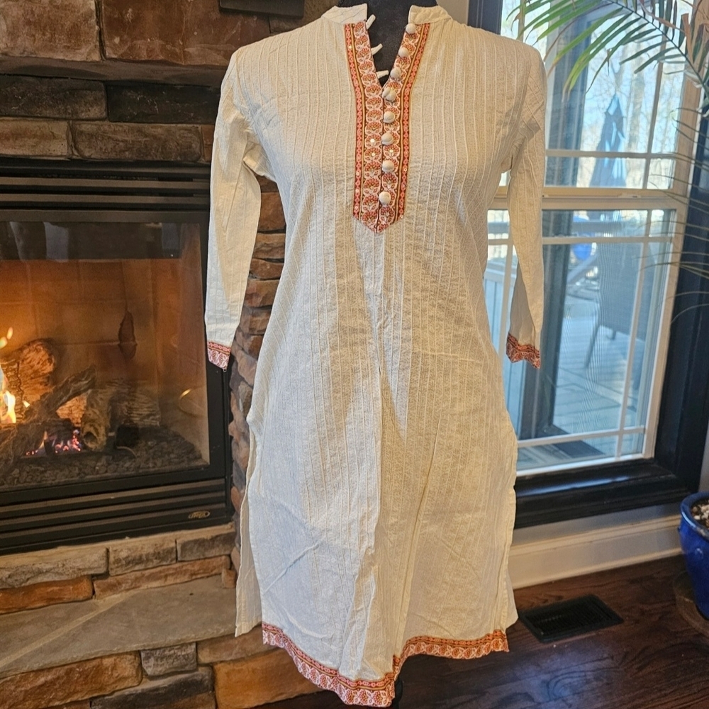 Embroidered White Kurta with Orange Accents